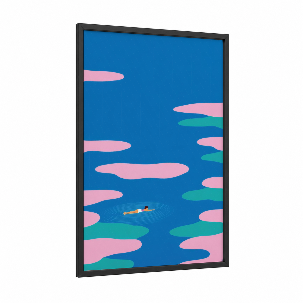 Abstract Swimmer framed swimming print — black wood frame — blue and pink palette
