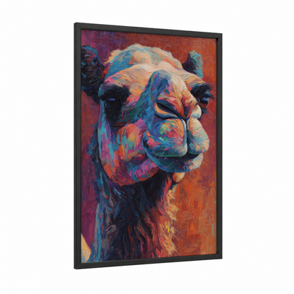 Colorful Camel framed art print — black wood frame — orange and blue palette