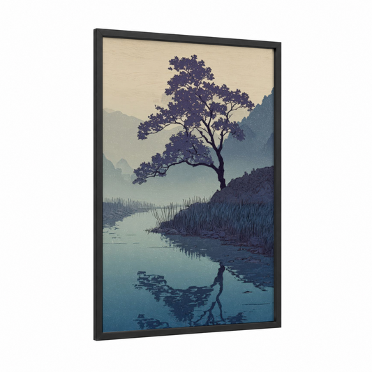 Riverside Wisteria framed art print — black wood frame — blue and dark blue palette