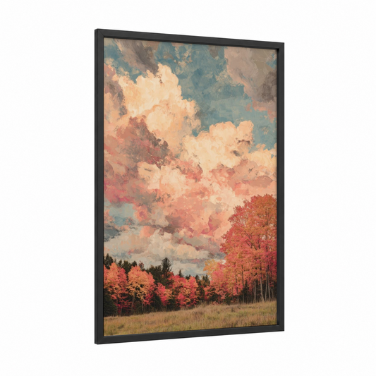 Crimson Maple Sunset framed maple forest print — black wood frame — peach and teal palette