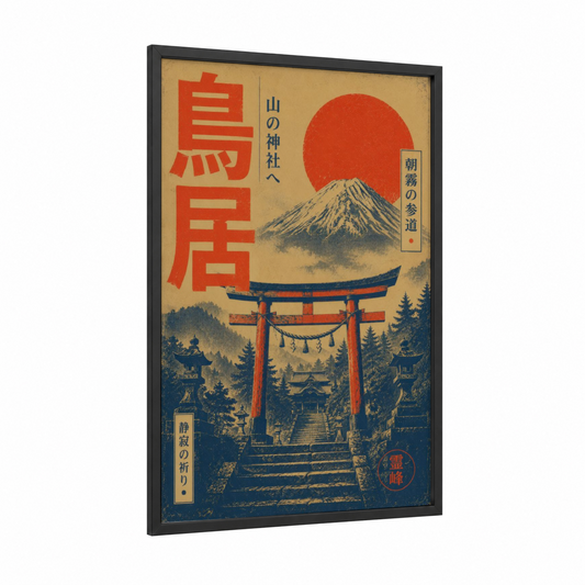 Mount Fuji Temple Gate Wall Art framed art print — black wood frame — red and beige palette