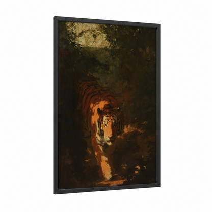 Golden Tiger Path framed art print — black wood frame — gold and black palette