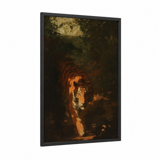 Golden Tiger Path framed art print — black wood frame — gold and black palette