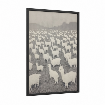 Misty Alpaca Herd framed art print — black wood frame — gray and white and black and white palette