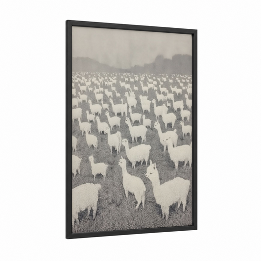 Misty Alpaca Herd framed art print — black wood frame — gray and white and black and white palette