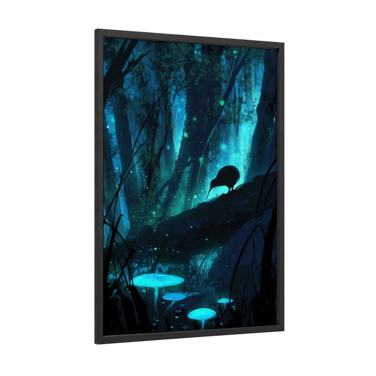 Luminous Kiwi framed art print — black wood frame — blue and teal palette