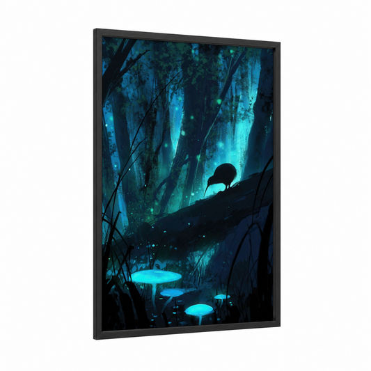 Luminous Kiwi framed art print — black wood frame — blue and teal palette