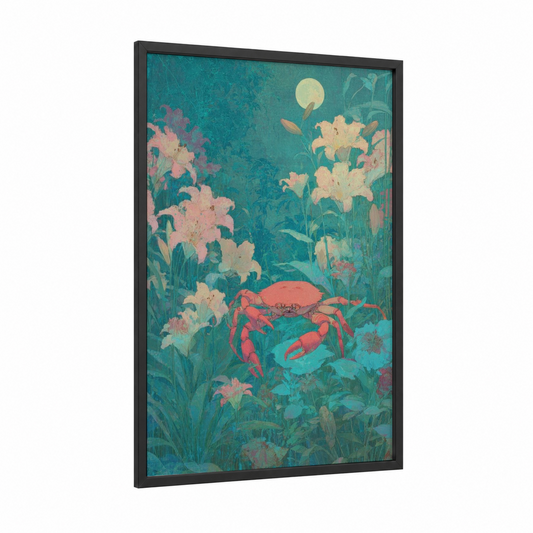 Crimson Crab Moon framed cancer print — black wood frame — teal and salmon pink palette