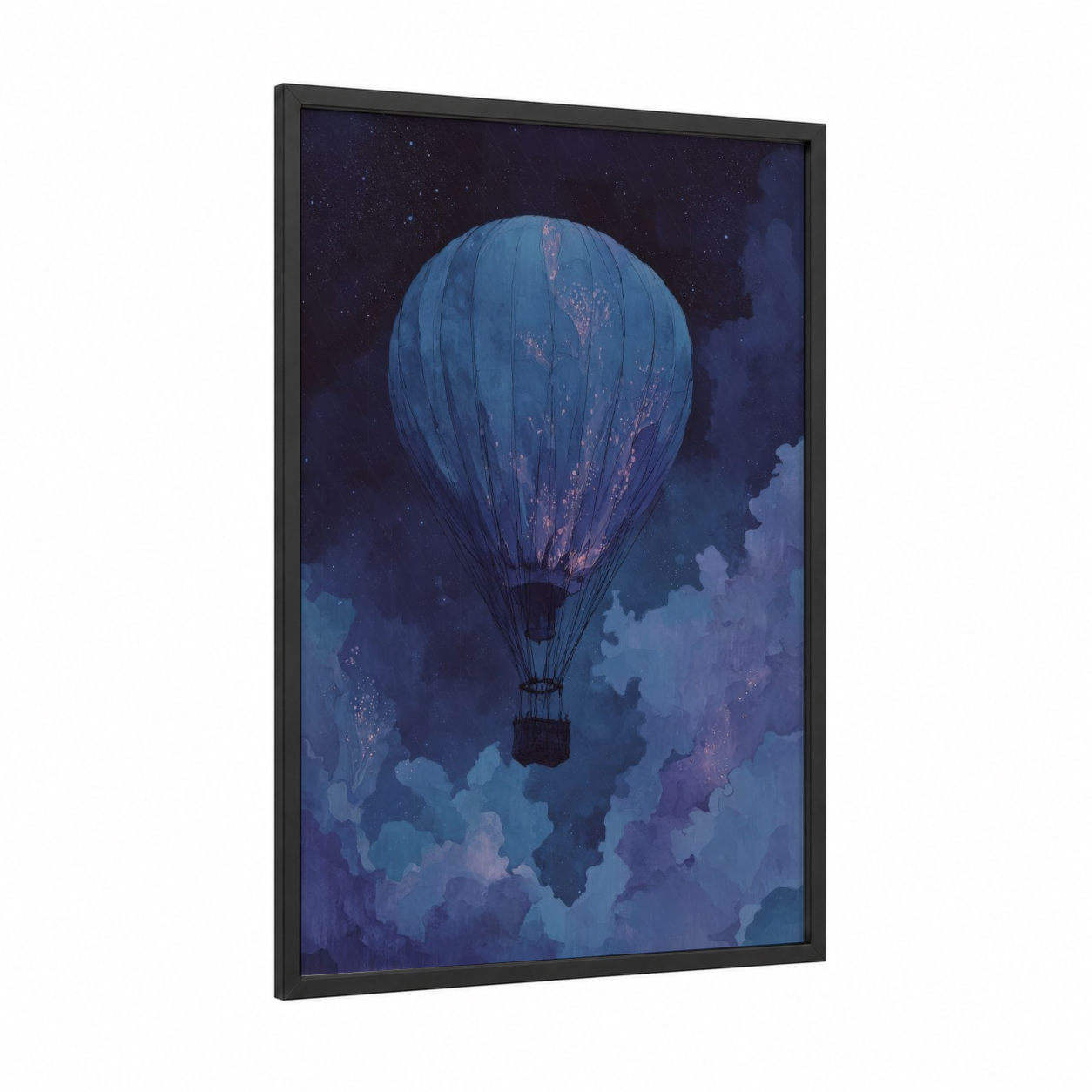 Starlit Ascent framed hot air baloon print — black wood frame — dark blue and blue palette