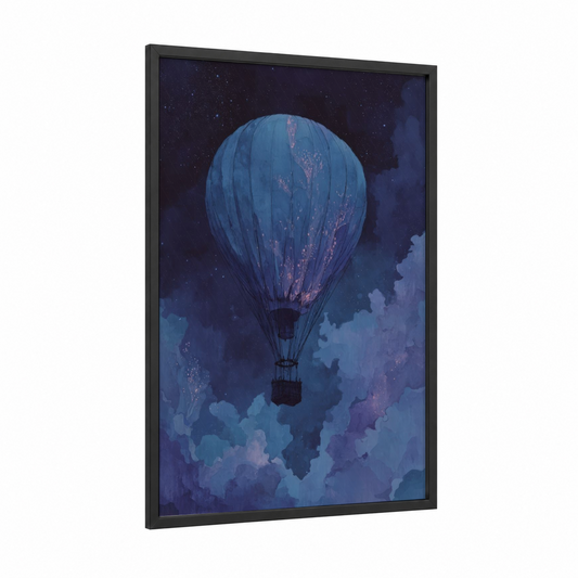 Starlit Ascent framed hot air baloon print — black wood frame — dark blue and blue palette