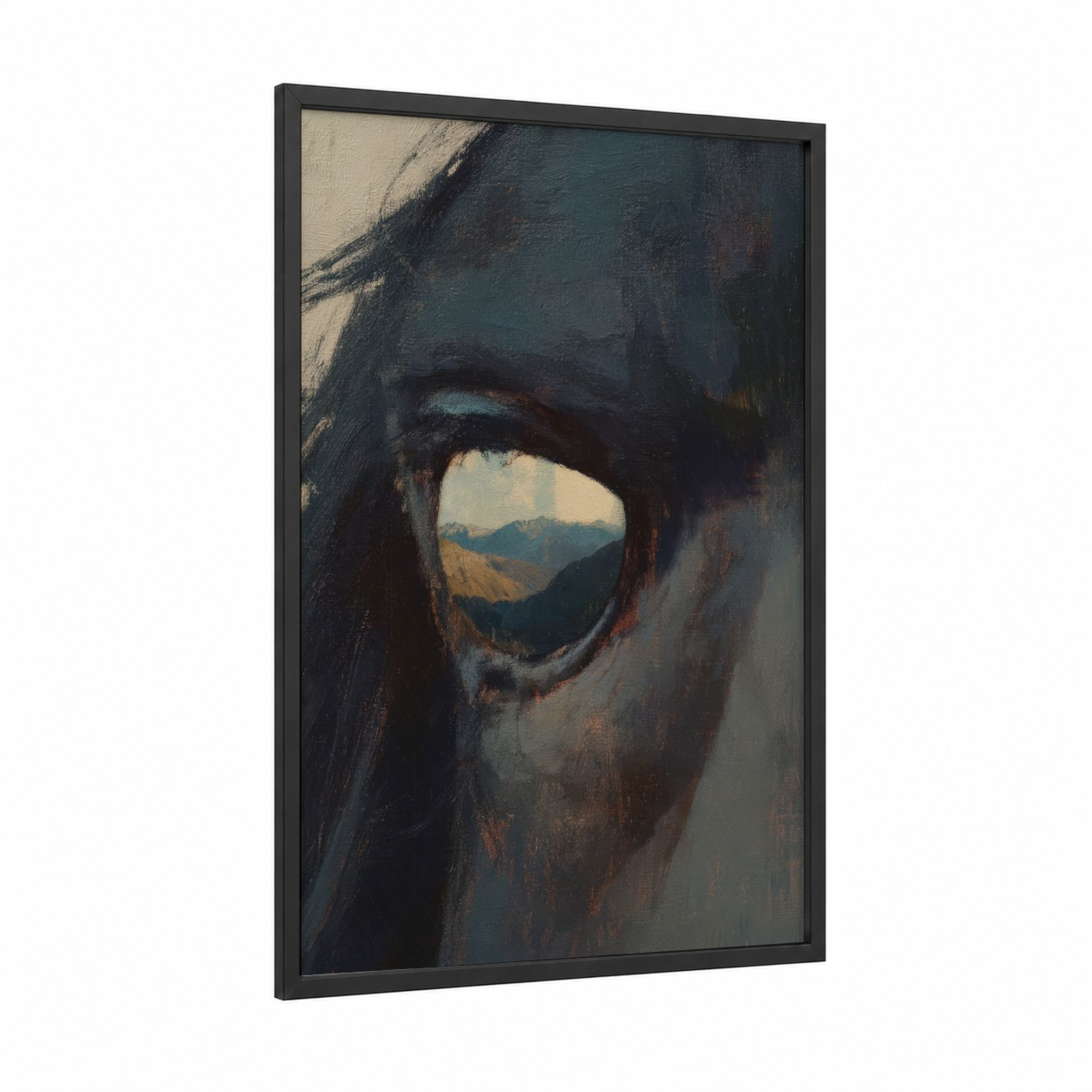 Mountain Friesian framed friesian horse print — black wood frame — dark blue and cream palette