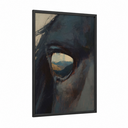 Mountain Friesian framed friesian horse print — black wood frame — dark blue and cream palette