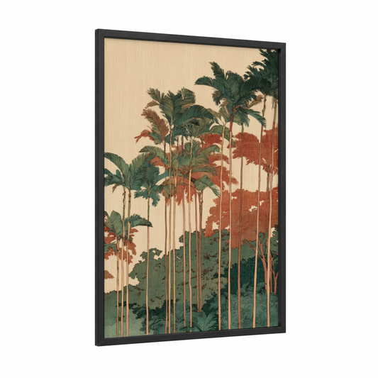 Crimson Palm Forest framed art print — black wood frame — cream and russet palette