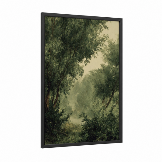 Misty Willow Forest framed art print — black wood frame — green and cream palette