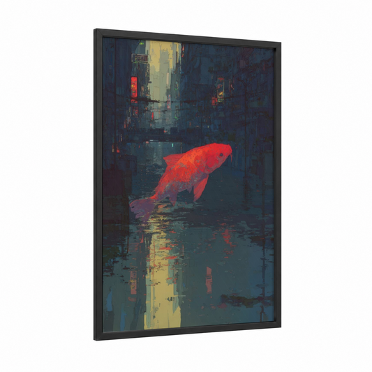 Urban Koi framed koi fish print — black wood frame — red and dark blue palette