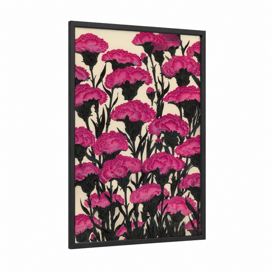 Magenta Carnation Cluster framed carnations print — black wood frame — magenta and black and white palette