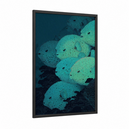 Schooling Puffers framed puffer fish print — black wood frame — teal and turquoise palette