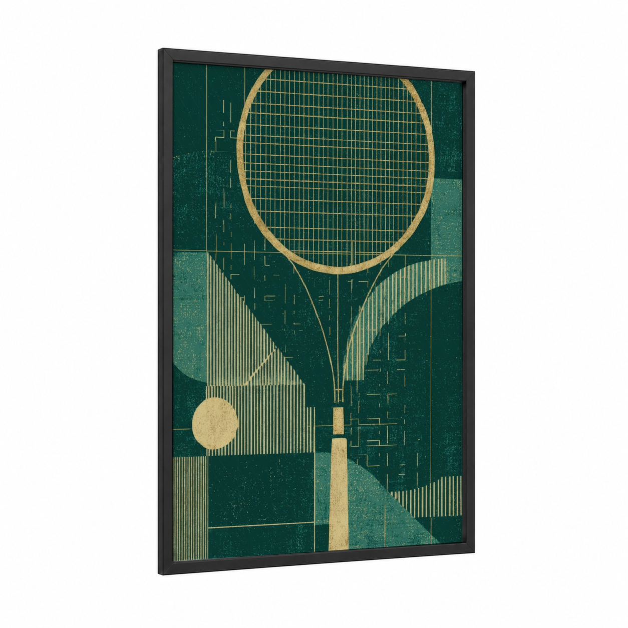 Vintage Racquet framed racquetball print — black wood frame — teal and gold palette