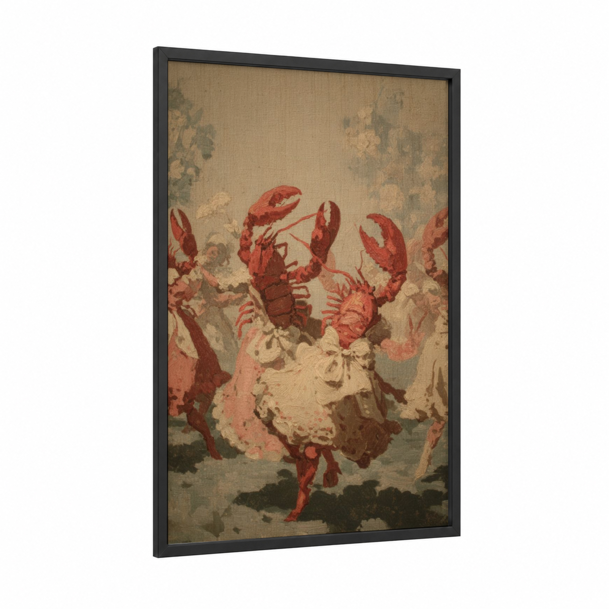 Coral Lobster Dance framed art print — black wood frame — russet and beige palette