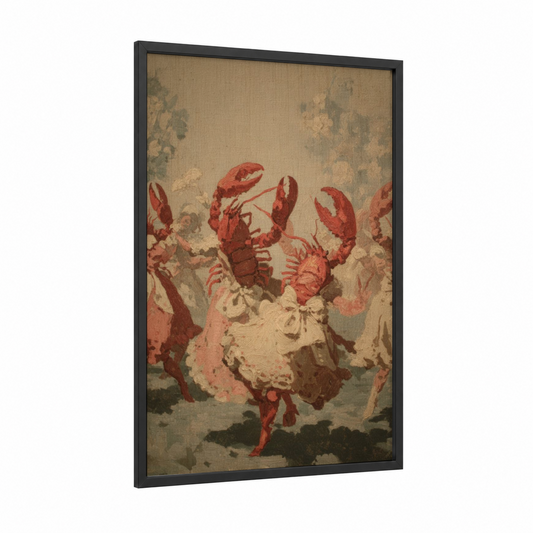 Coral Lobster Dance framed art print — black wood frame — russet and beige palette