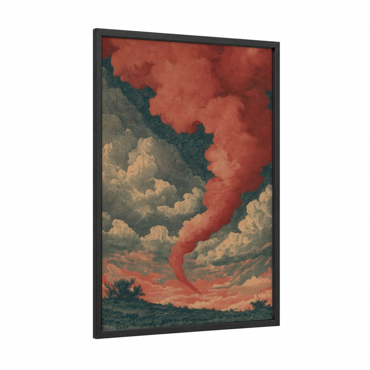 Crimson Tornado framed art print — black wood frame — red and teal palette