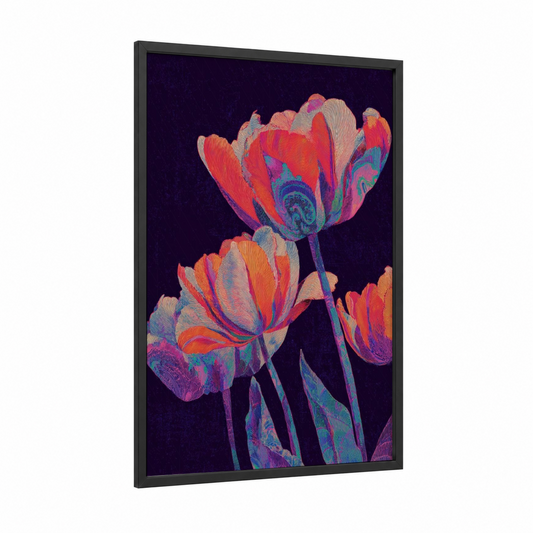 Neon Tulips framed art print — black wood frame — magenta and blue palette