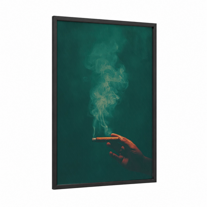 Smoke Contemplation framed cigars print — black wood frame — teal and orange palette