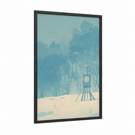 Snowy Archery Target framed art print — black wood frame — blue and white and cream palette