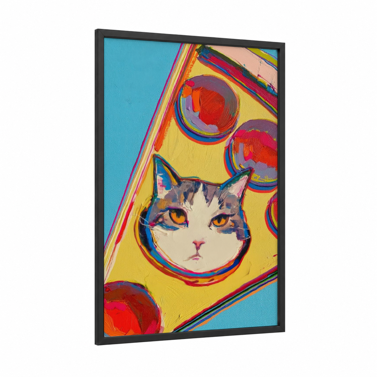 Pop Art Cat framed art print — black wood frame — yellow and blue palette