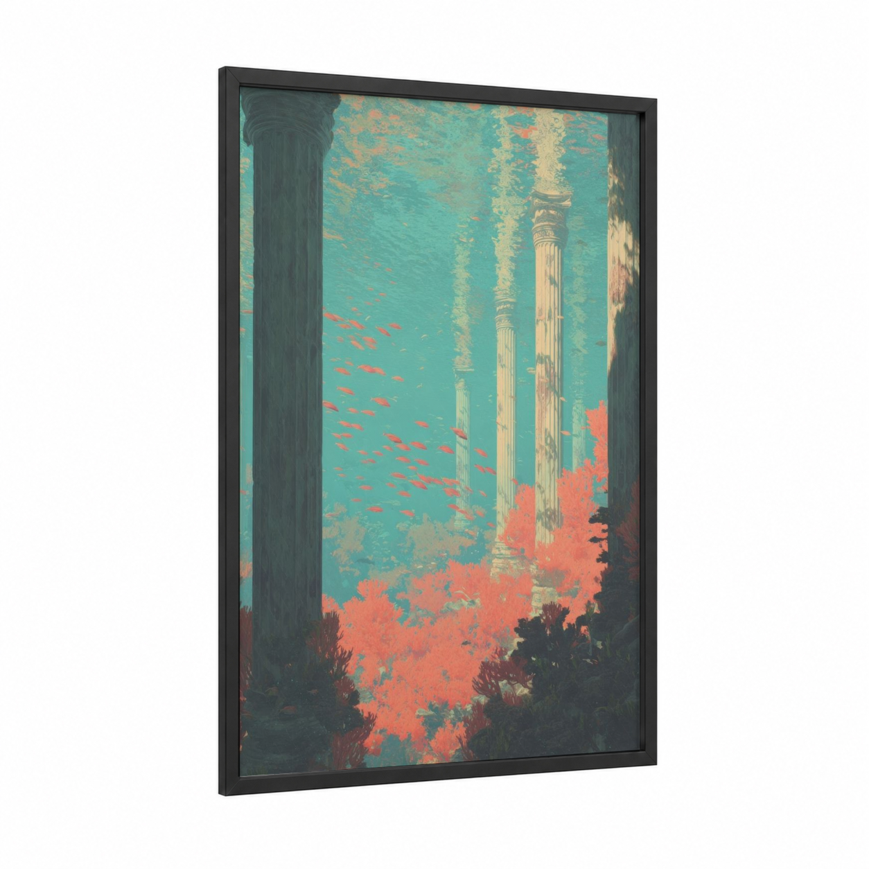 Turquoise Columns framed art print — black wood frame — turquoise and salmon pink palette