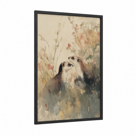 Curious Weasel Pair framed art print — black wood frame — cream and peach palette