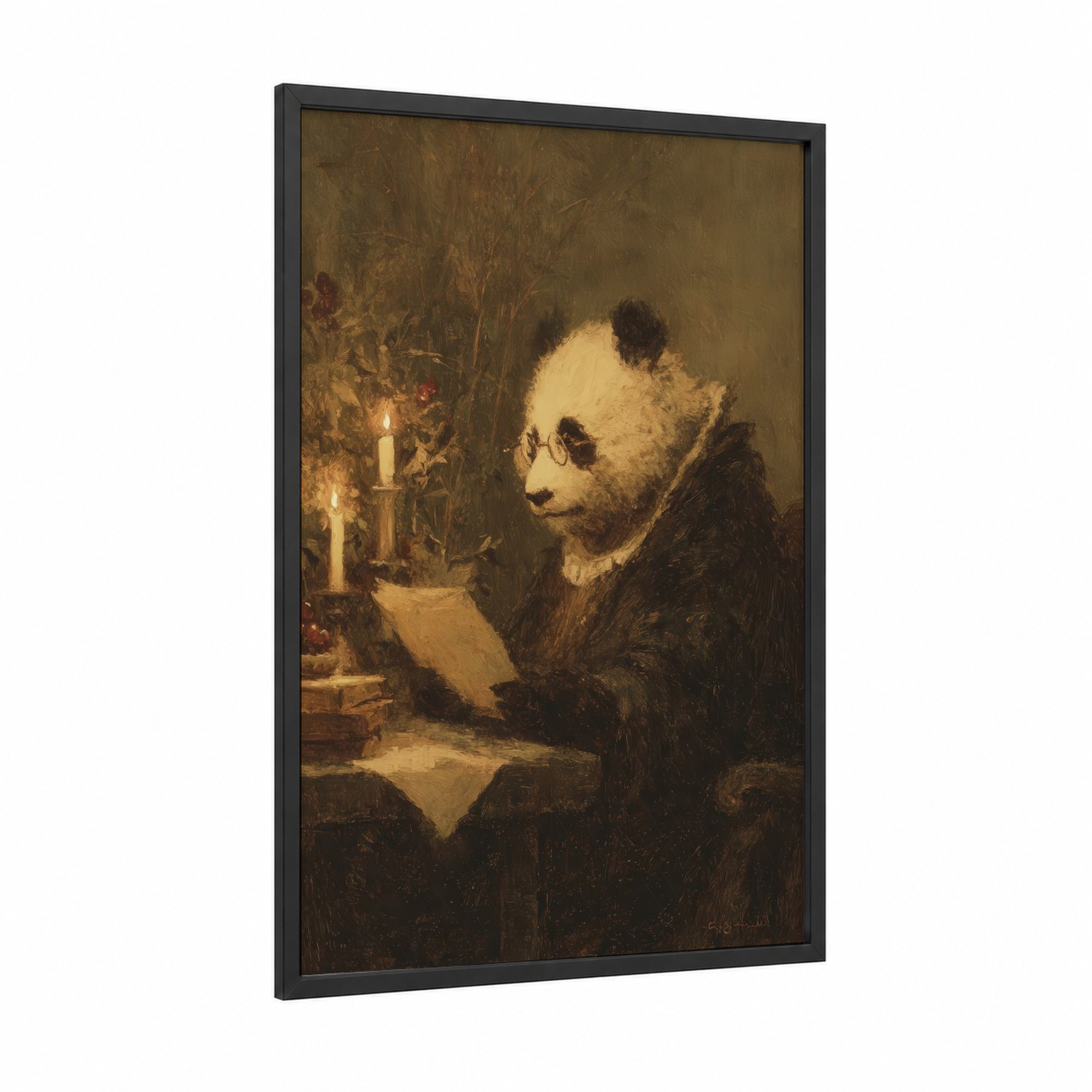 Scholarly Panda framed art print — black wood frame — brown and gold palette