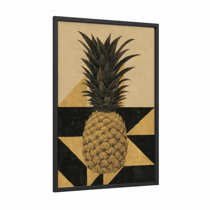 Golden Pineapple framed fruit print — black wood frame — gold and black palette