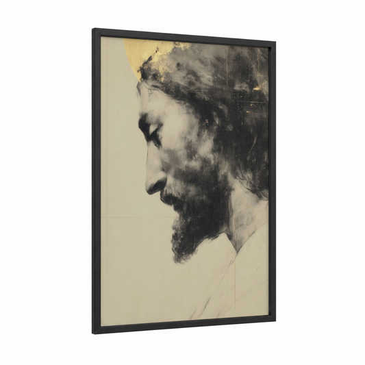 Bearded Prophet Profile framed jesus christ print — black wood frame — black and white and champagne gold palette