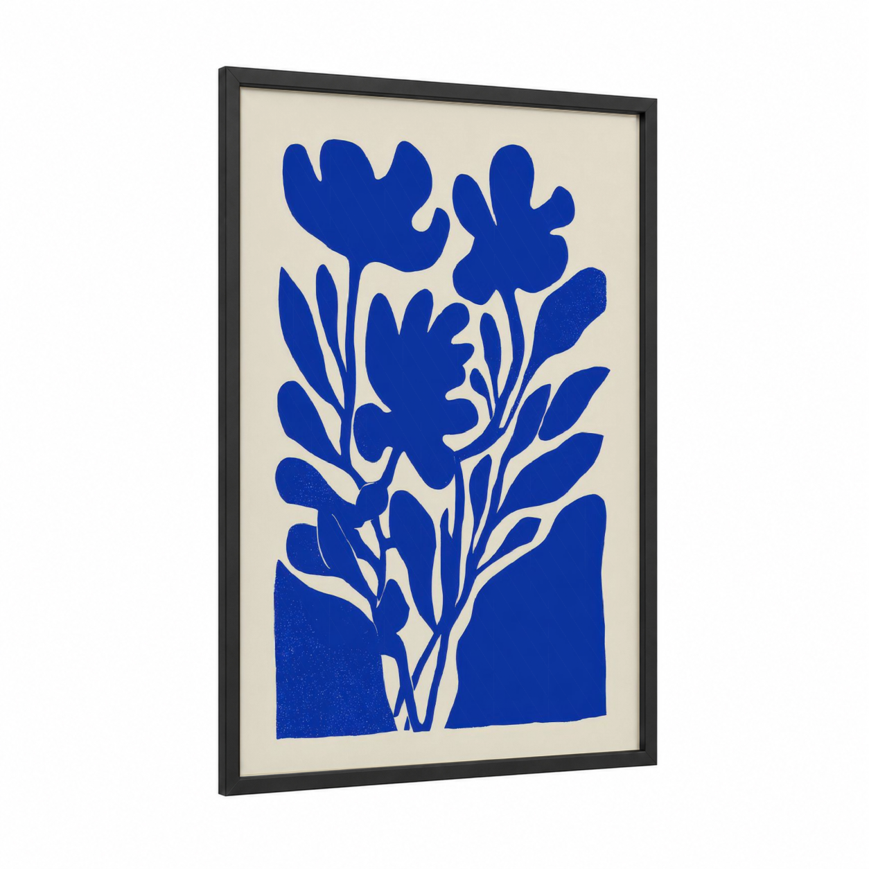 Bold Botanical Silhouette framed abstract flower print — black wood frame — blue and cream palette