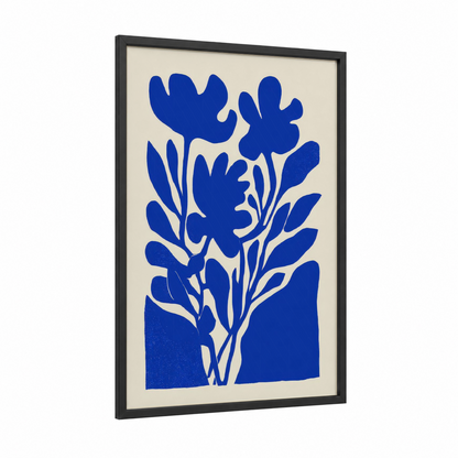 Bold Botanical Silhouette framed abstract flower print — black wood frame — blue and cream palette