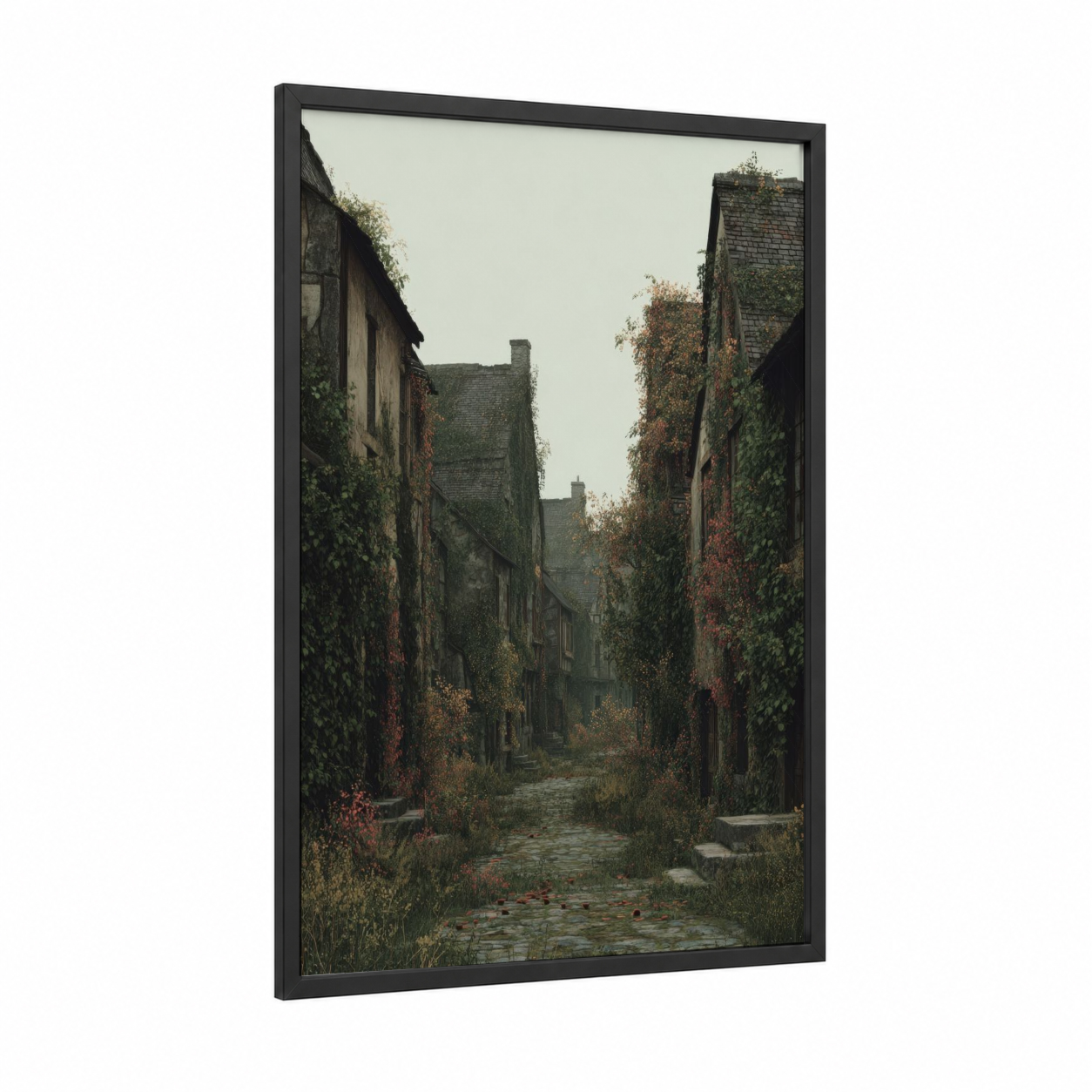 Ivy Village Alley framed art print — black wood frame — gray and sage green palette