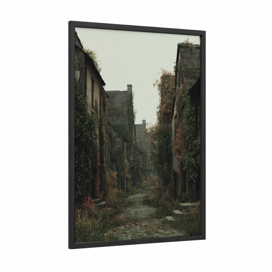 Ivy Village Alley framed art print — black wood frame — gray and sage green palette