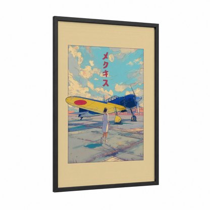 Vintage Airfield Dream framed vintage airplane print — black wood frame — blue and gold palette