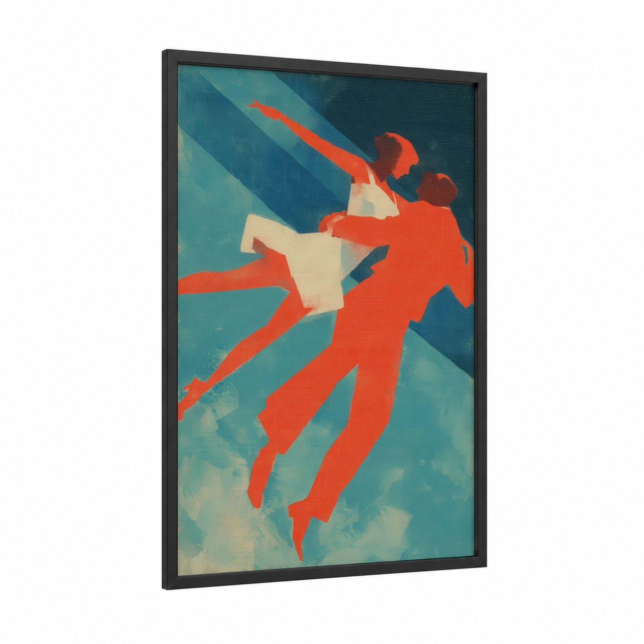 Soaring Dancers framed swing dance print — black wood frame — teal and red palette