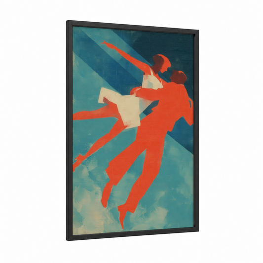 Soaring Dancers framed swing dance print — black wood frame — teal and red palette
