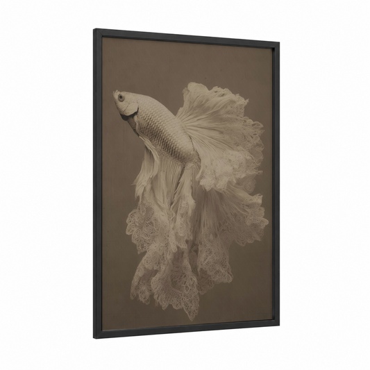 Ethereal Betta Fish framed art print — black wood frame — white and cream palette