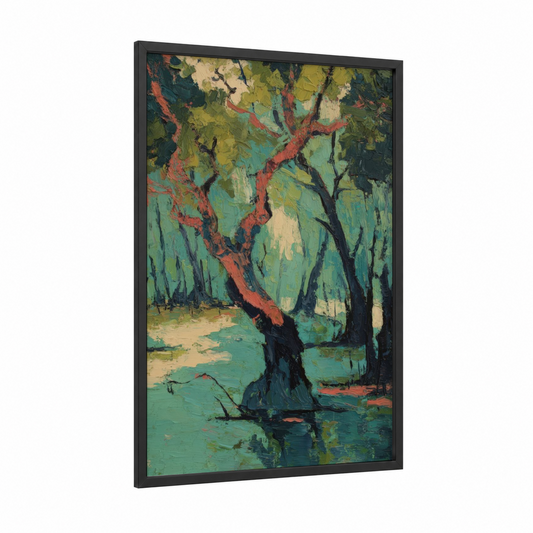 Crimson Mangrove framed art print — black wood frame — teal and red palette