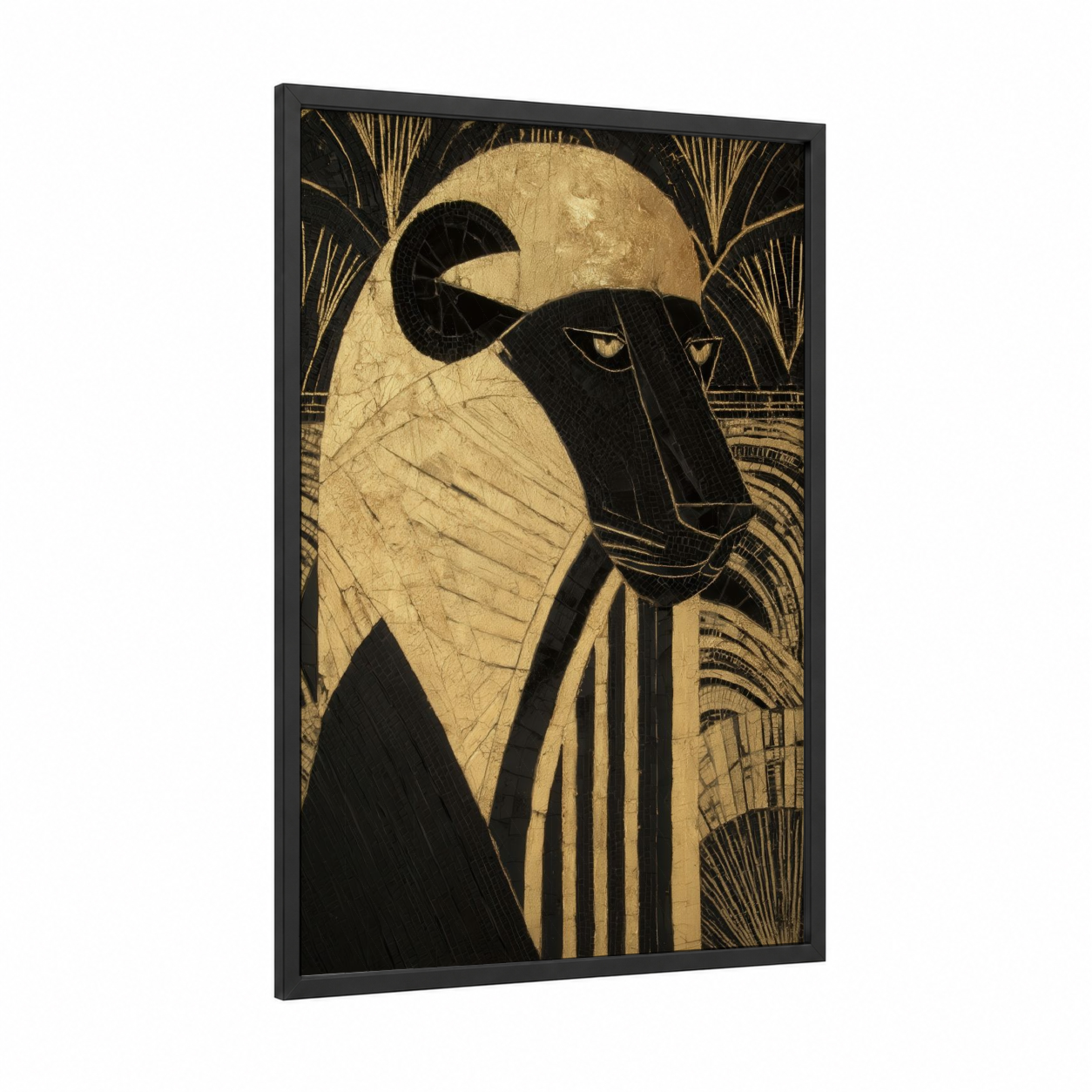 Regal Lion Portrait framed art print — black wood frame — gold and black palette