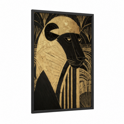 Regal Lion Portrait framed art print — black wood frame — gold and black palette