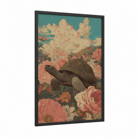 Garden Tortoise framed turtle print — black wood frame — salmon pink and teal palette