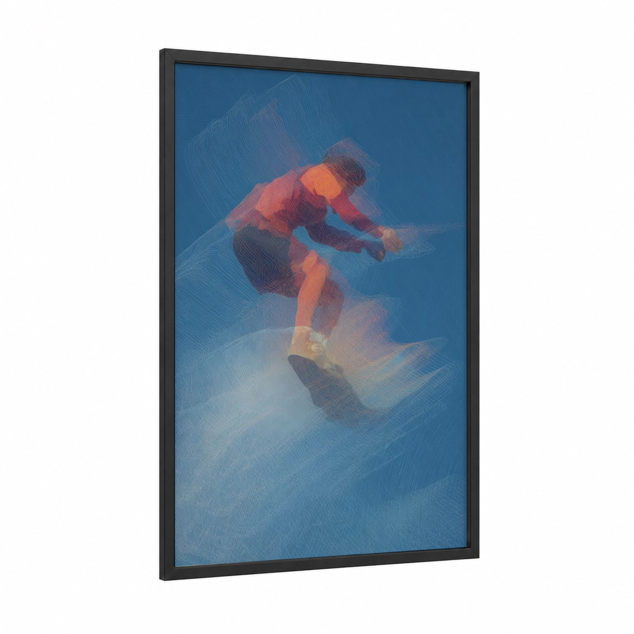 Airborne Wakeboarder framed wakeboarding print — black wood frame — blue and orange palette