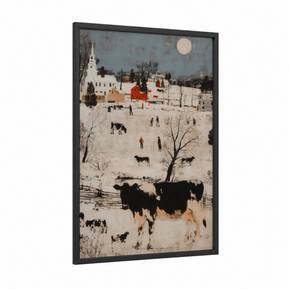 Snowy Farm Pasture framed jersey cow print — black wood frame — white and dove gray palette