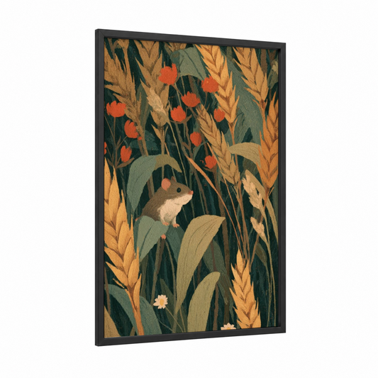 Harvest Mouse framed grain print — black wood frame — dark green and gold palette