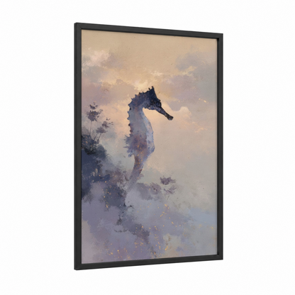 Ethereal Sea Horse framed art print — black wood frame — gold and lavender palette